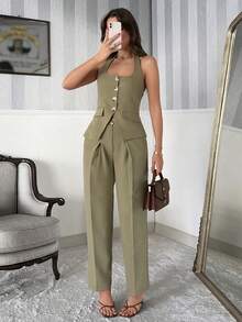 EURMUSE Summer Elegant Commuter Solid Color Backless Halter Vest & Pants Suit - Khaki - View 5