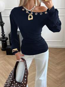 Siren Gaze 2025 New Arrival Minimalist Fall-Winter Women's Long Sleeve Off-Shoulder Top Metallic Eyelet Collar, Avant-Garde, Urban Cool Style, Statement Piece, Figure-Flattering, Party-Ready Eye-Catcher, Cutting-Edge Design, Fashion-Forward, Tops - Navy Blue - View 1