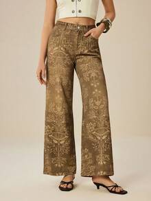Felipe Marques Women's Floral Print Long Denim Jeans, Casual Vacation Wear For Autumn, Winter, Spring - Khaki - View 2