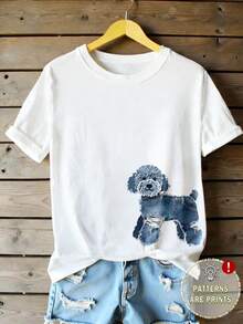 复古拼接狗狗图案印花T恤，女士休闲圆领短袖简约上衣，适合日常穿着