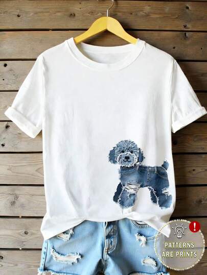 复古拼接狗狗图案印花T恤，女士休闲圆领短袖简约上衣，适合日常穿着