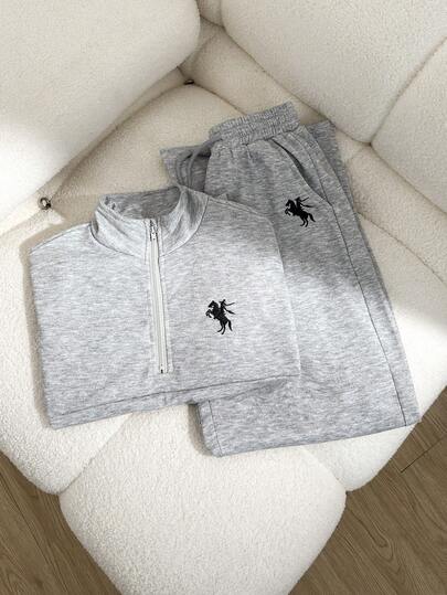 SHEIN 2pcs/Set Teenage Girls Casual Fashionable Street Style Polo Outfit, Includes Zip-Up Half-Turtleneck Short Sleeve Sweatshirt Top With Relaxed Fit And Loose Wide-Leg Pants, Suitable For Daily Wear And Sports