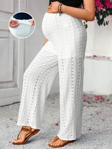 SHEIN Quần bầu dáng rộng, thắt lưng điều chỉnh được, khoét lỗ, thêu họa tiết, thích hợp cho mùa xuân, quần ống rộng màu trắng cho nữ, quần hè ống rộng, quần đi biển cho nữ. - trắng - Xem 7