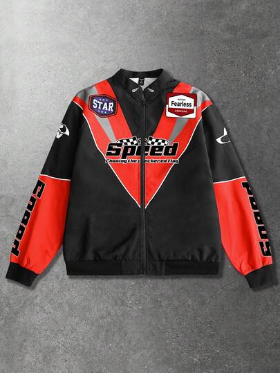 Street Life Herren Lässig Kontrast Farbblock Jacke mit Buchstaben-Muster, Herbst