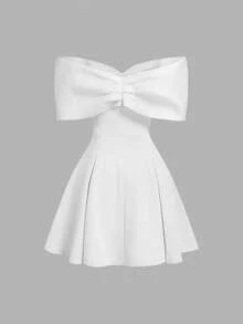 SHEIN MOD 香槟色无肩带立领珍珠装饰迷你连衣裙 - 白色 - 查看 2