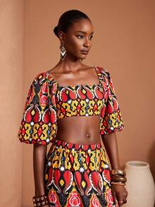 JIAN LASALA All-Over Print Square Neck Lantern Sleeves Women Crop Top Holiday Vacation Casual Wear Beach Wedding Guest - Multicolor - View 5