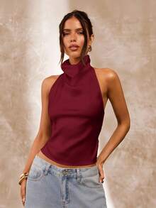 SHEIN BAE Apricot Color Backless Draped Neck Women's Tank Top, Sexy & Elegant Camisole For Spring/Summer - Burgundy - View 4
