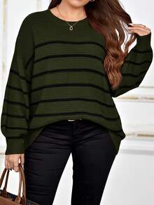 Rosumi Suéter holgado de punto con bloque de color y rayas de imitación de cachemira en tallas grandes para otoño/invierno - Verde militar - Ver 7