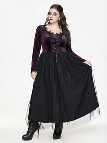 ROMWE EDITION 哥特式暗黑女王风格女巫万圣节服装，深V领蕾丝边天鹅绒A字加大码连衣裙 - 紫色 - 查看 4