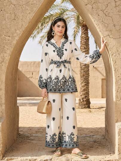 SHEIN Teen Girl Woven Placement Print Long Sleeve Shirt And Pants Casual Outfit