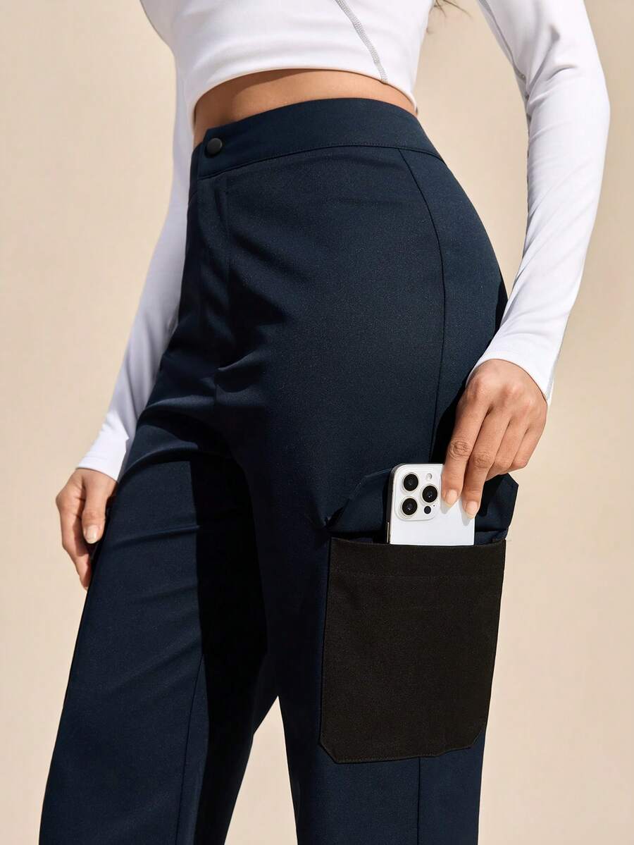 Exploreva 女士高腰休闲徒步裤，带口袋 - 藏蓝色 - 查看 1