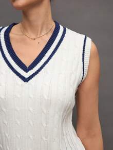 Activina Women's Casual Knitted V-Neck Vest Sweater Tennis Outfit For Women Women's Golf Attire - Blue and White - View 5