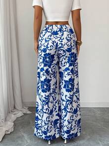 Elenzga Women's Elegant Commuter Floral Print Wide Leg Pants - Blue - View 2