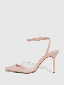 CUCCOO SZL Black Satin Twill & Mesh Patchwork Fashion Sexy Elegant Wedding Season Pointed Toe Strap High Heel Pumps Valentine's Day - rouge powder - View 5