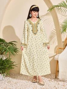 SHEIN Tween Girl Beige Delicate Ditsy Floral Dignified Dress - Beige - View 4