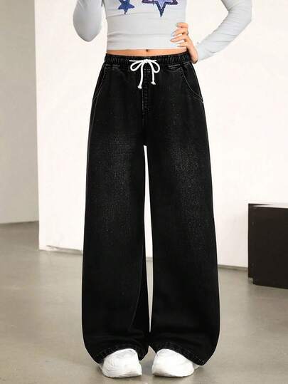 SHEIN Teen Girls Fashion Casual Y2k Vintage Cool Street Returns To School College Simple And Comfortable Drawstring Elastic Band Waist Design Black Denim Loose Wide-Leg Jeans For Teen Girl Clothes Teen Girls Dailywear And Teen Girl Winter And Fall Rave Outfits Festival And Outfits Streetwear Clothes