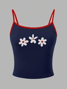INAWLY Y2K Flower Graphic Camisole Top Graphic Tees Women Tops - Navy Blue - View 4