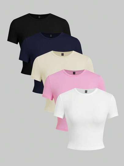 SHEIN EZwear 5pcs/Set Basic Solid Color Slim Fit Short Sleeve T-Shirts