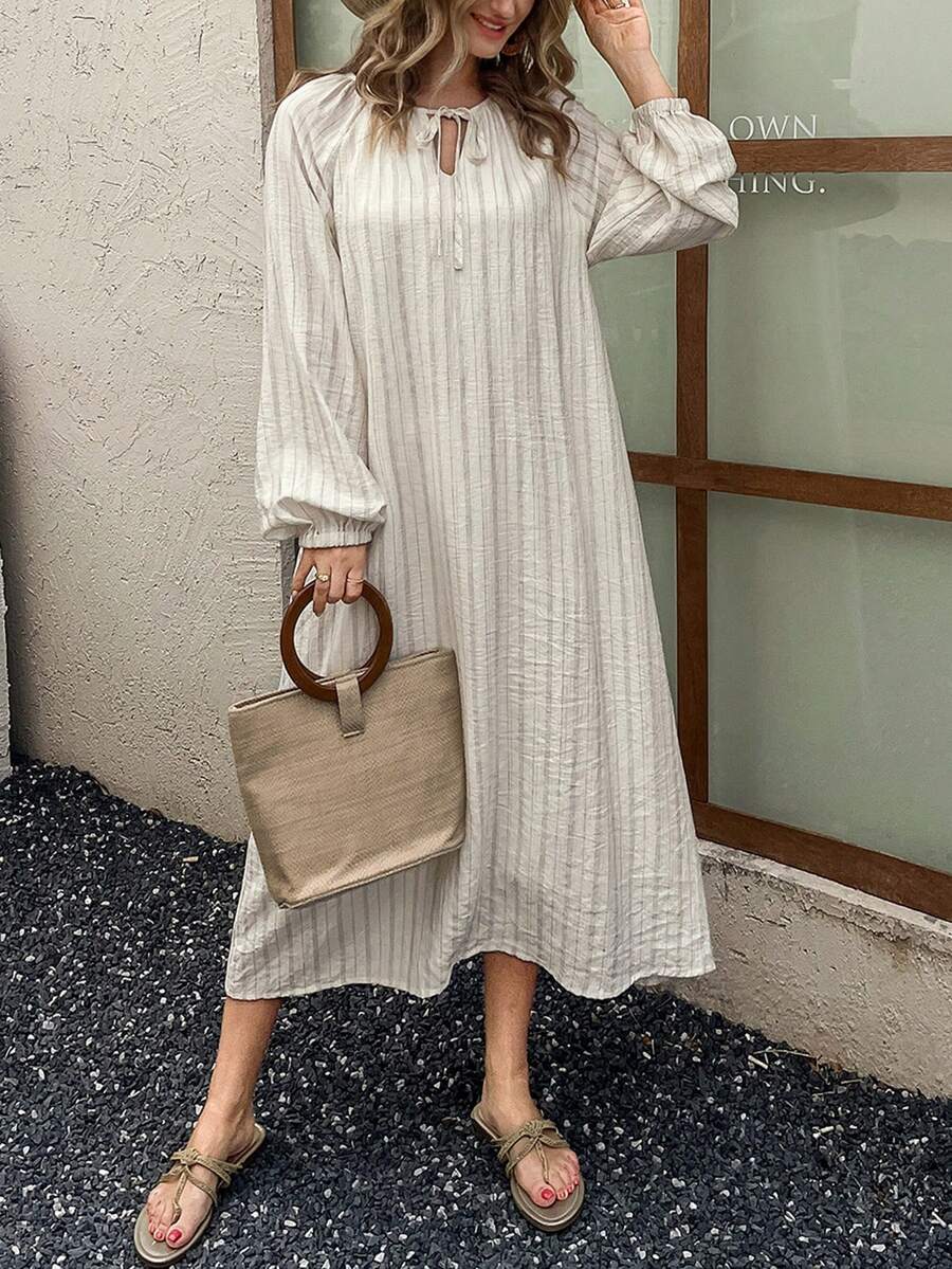 Vivie Lora Women's Striped Loose Shirt Style Mid-Length Dress Sundress - Apricot - View 1