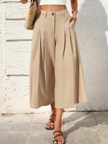 SHEIN Holidaya Women's Casual Linen Capri Pants, Suitable For Leisure, Beach, And Home Wear,Women's Khaki Cropped Trousers,Zipper Details,Casual Solid Color Long Dress,Beach Vacation Capri Pants,Summer Trousers,Office Attire,Women's Casual Commuter Simple Cropped Pants,Women's Casual Commuter Simple Cropped Pants - Khaki - View 1