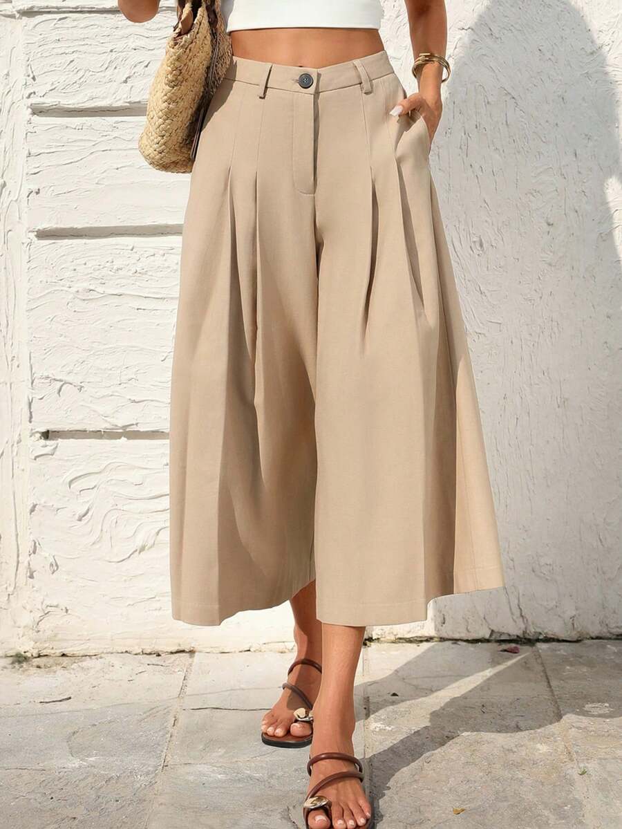 SHEIN Holidaya Women's Casual Linen Capri Pants, Suitable For Leisure, Beach, And Home Wear,Women's Khaki Cropped Trousers,Zipper Details,Casual Solid Color Long Dress,Beach Vacation Capri Pants,Summer Trousers,Office Attire,Women's Casual Commuter Simple Cropped Pants,Women's Casual Commuter Simple Cropped Pants - Khaki - View 1