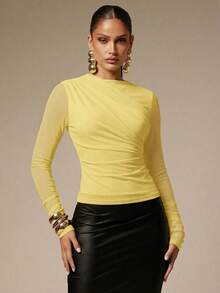 Silquee Women's Solid Color Pleated Mesh Patchwork Long Sleeve T-Shirt - Yellow - View 5