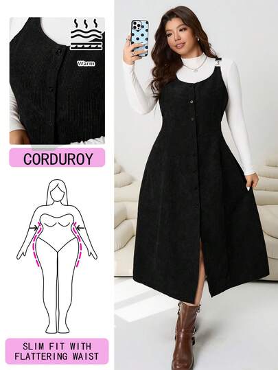 Solflare 2025 Autumn/Winter New Casual Outgoing Daily Wear Party Commute Back To School Date Home Birthday Party Multi-Occasion Sleeveless Metal Buckle Decor Front Center Button Decor Waist Cinched Warm Tone Melange Color Corduroy Brown Mid-Length Plus Size Dress