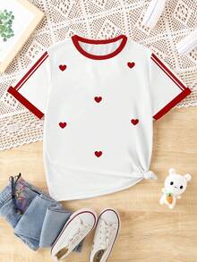 Tween Girl Cute White And Red Heart Striped Graphic Print T-Shirt,Summer School Casual Personalized Fresh Short Sleeve Contrast Color Comfortable Top - Multicolor - View 5
