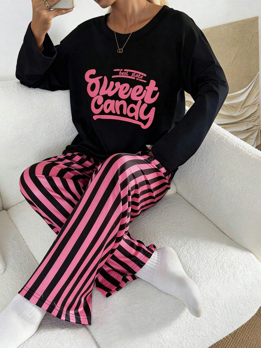 Dream Adore Women's Casual Dropped Shoulder Loose Round Neck Letter & Striped Print Pajama Set - Multicolor - View 1