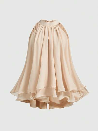 Blouse en mousseline de soie abricot à volants et fluide pour femmes