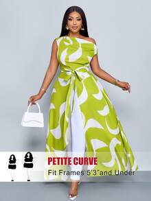 SHEIN PETITE CURVE Áo dài nữ cỡ lớn màu xanh lá cây, kiểu dáng mới mùa xuân/hè, cổ áo bất đối xứng, thắt nơ phía trước, dáng rộng thoải mái, ôm sát, xẻ tà trước, buộc dây một vai, áo dài phối màu ngẫu nhiên, thích hợp cho đi làm hàng ngày và đi nghỉ mát. - màu xanh lá - Xem 1