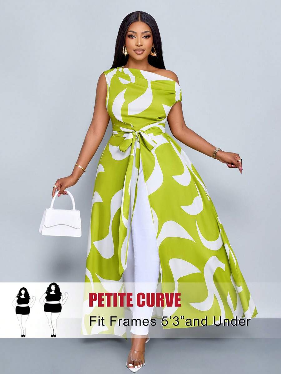 SHEIN PETITE CURVE Áo dài nữ cỡ lớn màu xanh lá cây, kiểu dáng mới mùa xuân/hè, cổ áo bất đối xứng, thắt nơ phía trước, dáng rộng thoải mái, ôm sát, xẻ tà trước, buộc dây một vai, áo dài phối màu ngẫu nhiên, thích hợp cho đi làm hàng ngày và đi nghỉ mát. - màu xanh lá - Xem 1