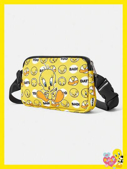 LOONEY TUNES X SHEIN 女士时尚胸包，印花运动腰包，配有可调节肩带，时尚字母图案腰包，方形腰包，适合运动跑步自行车单肩包/腰包