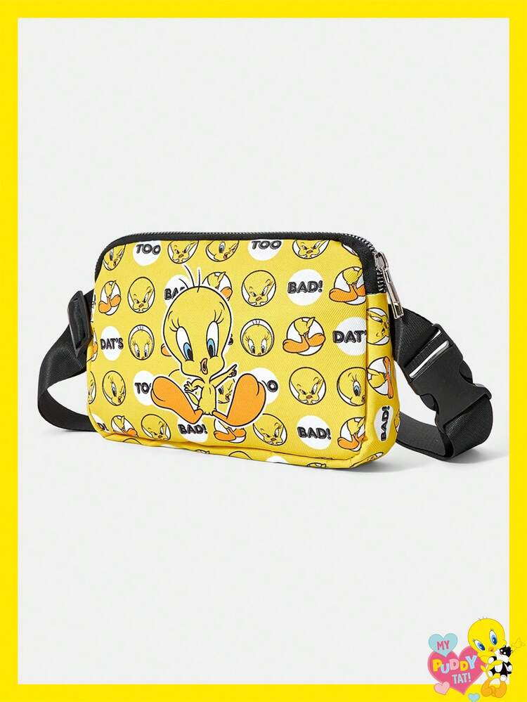 LOONEY TUNES X SHEIN 女士时尚胸包，印花运动腰包，配有可调节肩带，时尚字母图案腰包，方形腰包，适合运动跑步自行车单肩包/腰包 - 橘色 - 查看 1