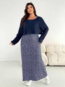 Shapeblank 大码女装秋冬时尚休闲高弹舒适日常黑白碎花背心长裙搭配黑色上衣两件套，秋季穿搭，简约风格 - 藏蓝色 - 查看 4