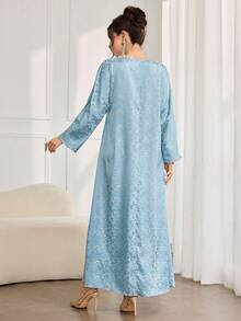 Al Najma 女士翻领流苏装饰花卉刺绣优雅长袖土耳其和阿拉伯传统长裙 - 藍色 - 查看 2