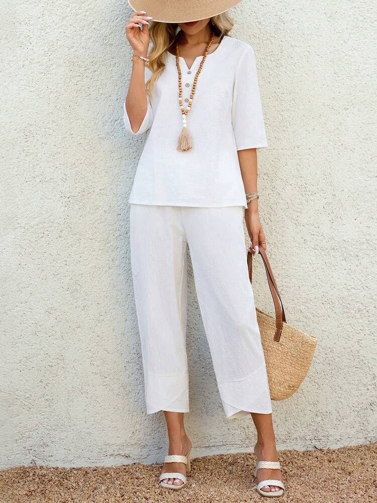 2pc Set Plus Size Women's Summer Casual Vacation Country Solid Color All-White V-Neck Blouse Top Shirt  And Pants Casual Set With Pockets,Suitable For Summer Vacation,Casual Holiday Style,Summer Outfits For Women ,Vacation Outfits Women ,Holiday Outfits For Women,Going Out Outfits, New Clothes,Simple And Fashionable For Everyday Wear,Suitable For Summer, Vacation, Daily Wear, Festival Outfits For Women,Country Concert Outfit,Beach Outfits For Women,Western Style,Gifts For Mother,Boho White Set,Modest Two Piece Set, Plus Size Summer Sets,Plus Size Pants Set,Boho Set,Boho Pants Set For Women,Wide Leg Pants Set,2 Piece Casual Sets Woman,Two Piece Set Women