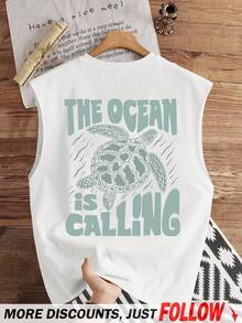 Manfinity Joysei 标准尺寸男士“海洋呼唤”海龟图案背心，适合夏季 - 白色 - 查看 1