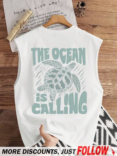 Manfinity Joysei Standardstorlek Herr "Ocean Calling" Sea Turtle Grafiskt linne, lämplig för sommaren