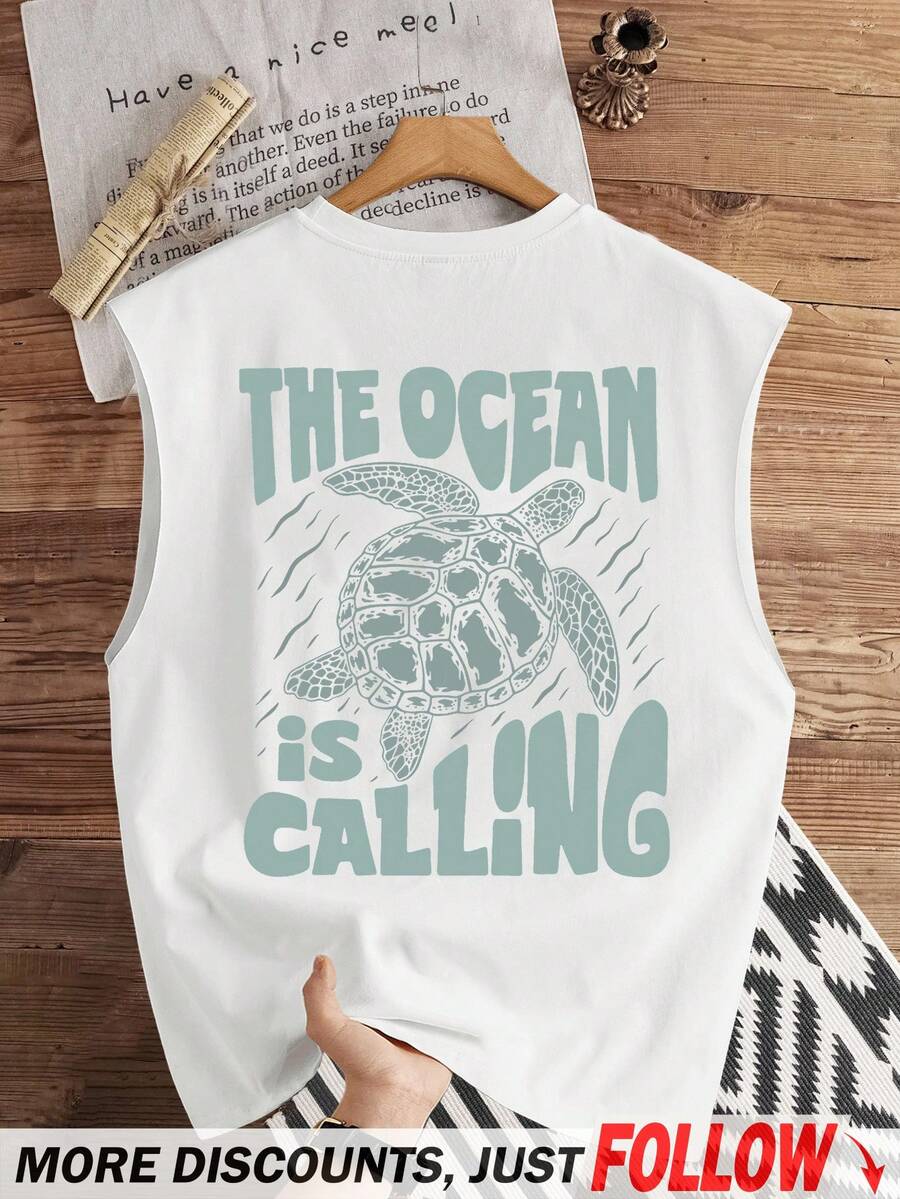 Manfinity Joysei 标准尺寸男士“海洋呼唤”海龟图案背心，适合夏季 - 白色 - 查看 1