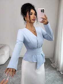 Rafferiza Camicia elegante da donna azzurra per l'autunno, maniche lunghe, scollo a V, vita plissettata con cintura, raffinata per ufficio, pendolarismo e appuntamenti - Blu - Visualizzare 8