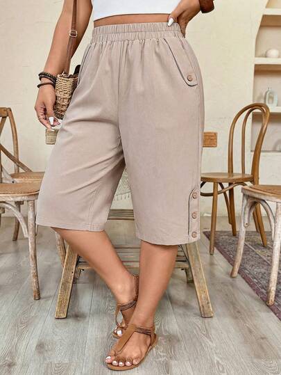 EMERY ROSE Pantalones cortos casuales y versátiles de talla grande para mujer, de unicolor, con cintura elástica y bolsillos