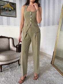 EURMUSE Summer Elegant Commuter Solid Color Backless Halter Vest & Pants Suit - Khaki - View 3