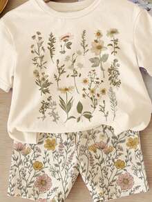 SHEIN 自然系列，可爱花卉波西米亚风图案，少女休闲圆领短袖T恤和打底裤套装，适合春夏日常穿着、居家、外出、叠穿，春夏外出穿搭，轻松舒适，休闲时尚，童装，婴儿及儿童花卉图案服装，春日气息，返校季 - 彩色 - 查看 6