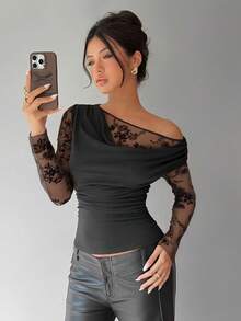 Siren Gaze Áo thun nữ màu đen dáng ôm, cổ ren thanh lịch, thích hợp cho mùa Thu/Đông. - màu đen - Xem 5