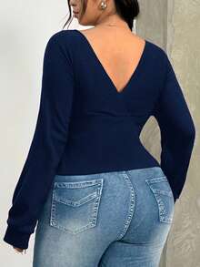 GalTyme Plus Size Women's Warm & Comfortable Black Off-Shoulder Knit T-Shirt, Autumn/Winter - Navy Blue - View 2