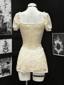 EgrlEra Đầm mini dáng chữ A thắt eo bằng vải ren gợi cảm dành cho nữ - Vàng nhạt - Xem 2