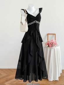 Comfortcana 女士黑色褶裥下摆拼接优雅长款婚纱 - 黑色 - 查看 3