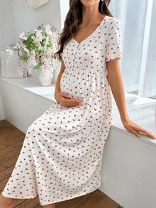 SHEIN Romantic Ditsy Floral Knit Short Sleeve V-Neck Button-Down Maternity Nightgown Maxi Dress - Multicolor - View 1