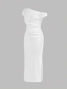 Firerie Kids Firerie Kids Vestido de punto maxi ajustado con hombro asimétrico y cintura fruncida, elegante y casual, adecuado para vacaciones, para niñas preadolescentes - Blanco - Ver 2